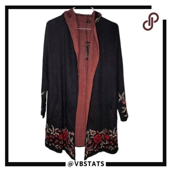 Max Sport Women's Floral Hooded Long Cardigan Sweater Black Combo Size Large NWT - Picture 1 of 8